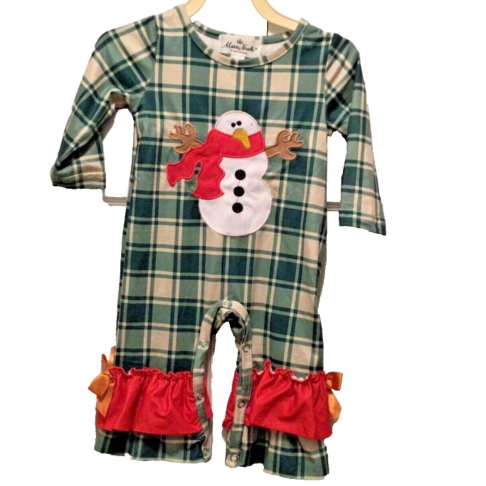 Marie Nicole Green Plaid Snowman Ruffle Romper Baby 3-6 mos 3 6 months 1 Piece